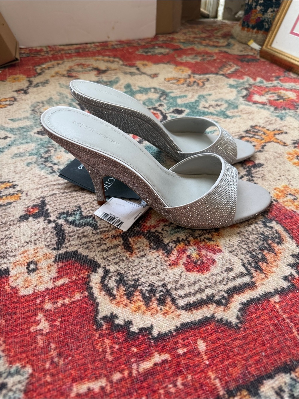 NWTMango Elegant Silver Rhinestone Open-Toe Heels - Women Size 41 = 10